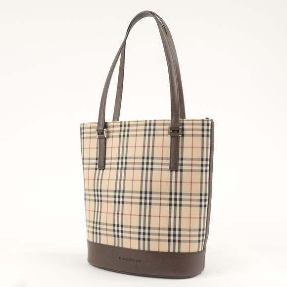 BURBERRY Canvas Leather Nova Plaid Tote Bag Beige Brown - Picture 4 of 16